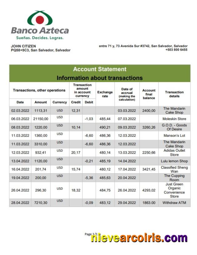 Salvador Banco Azteca bank statement